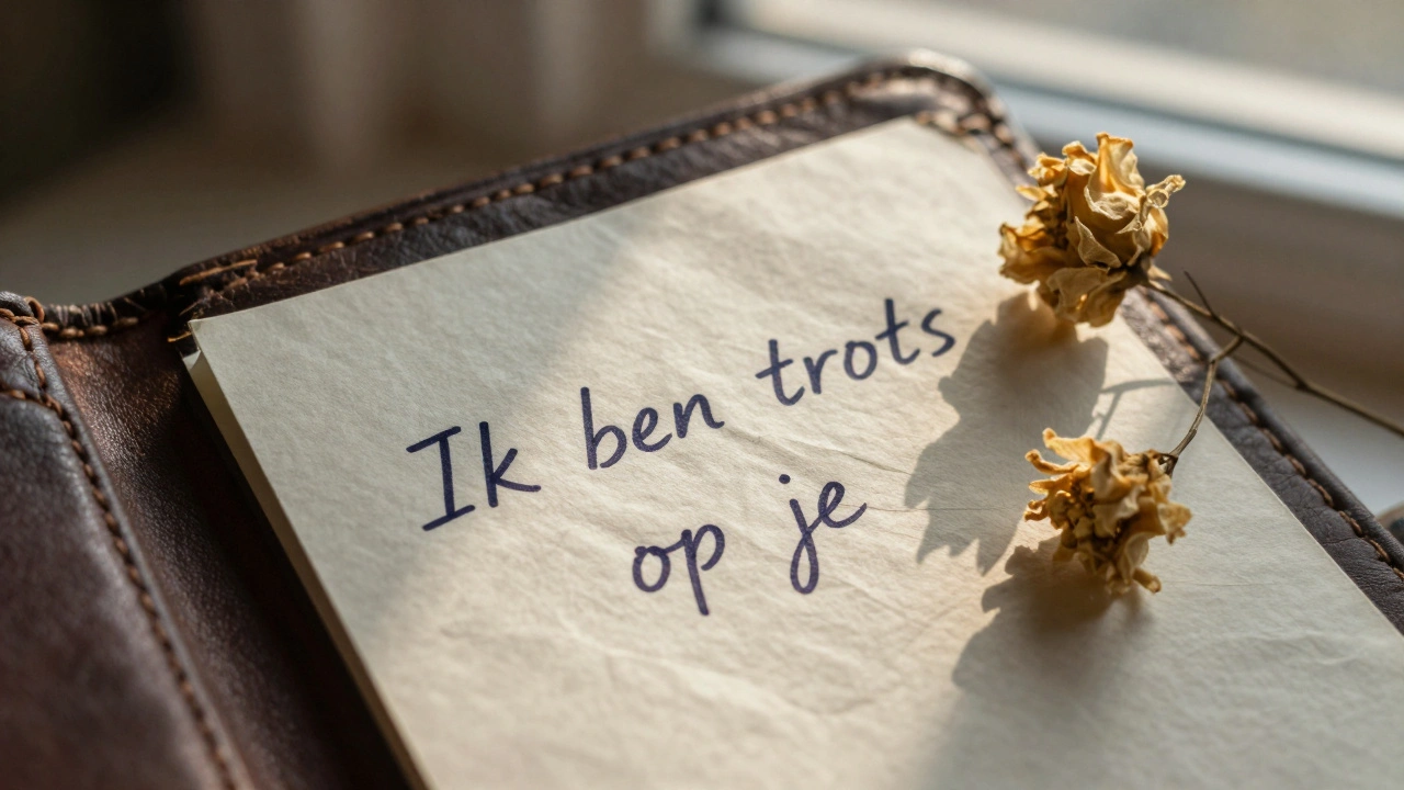 Een handgeschreven briefje met liefdevolle woorden ligt naast een gedroogde bloem in een leren portemonnee.