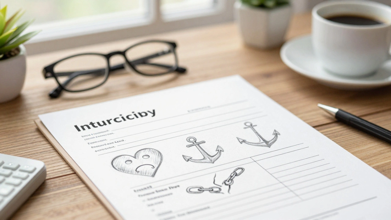 Een handgeschreven intakeformulier op hout, met koffie, bril en een plant, ondersteund door emotionele symbolen.