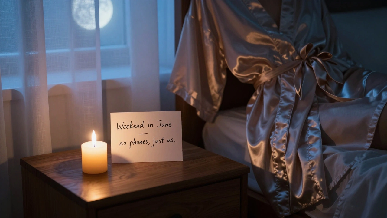 Een handgeschreven notitie op een nachtkastje met kaarsen en een nachtjapon.