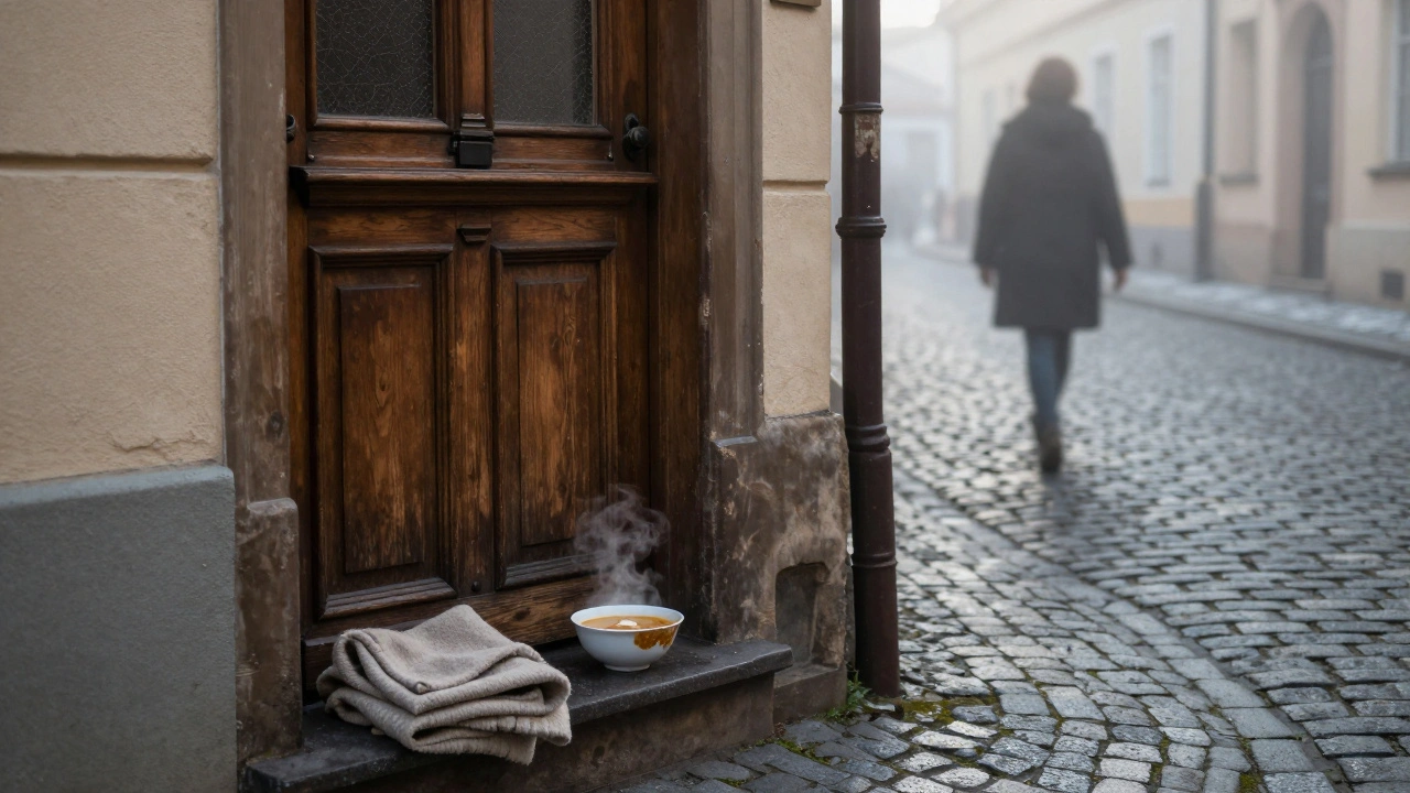 Een kom soep en een deken op een deurstep in Praag, niemand in zicht, ochtendmist.