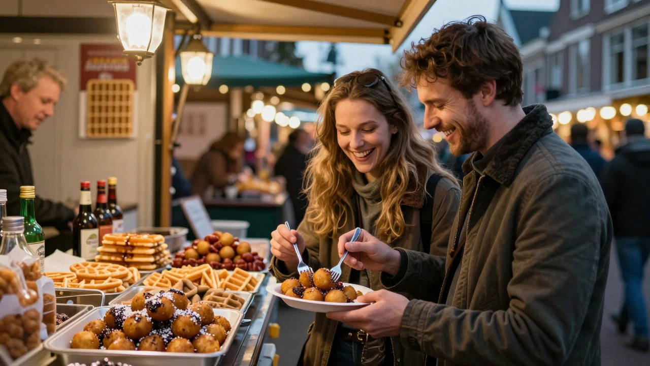Een koppel geniet van bitterballen met truffelzout op een Nederlandse markt.