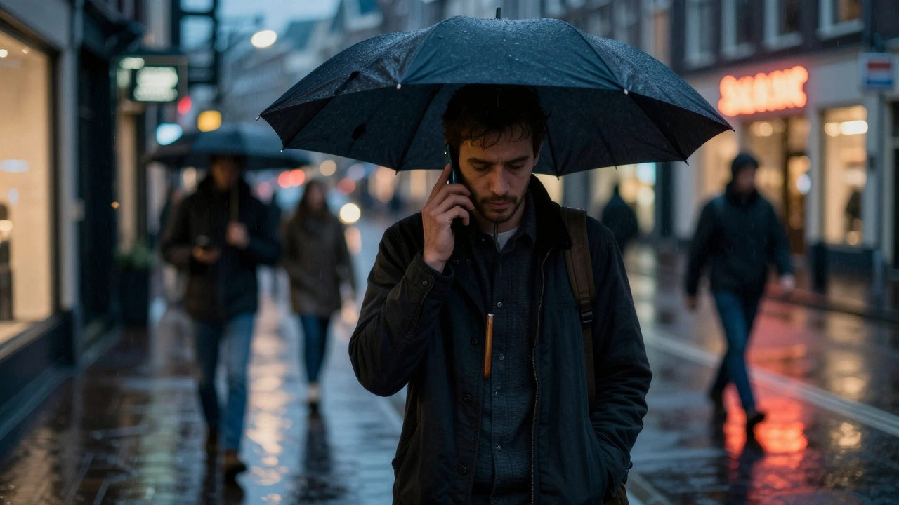 Een man aan een regenachtige straat in Eindhoven, belt iemand met rustige beslissing.