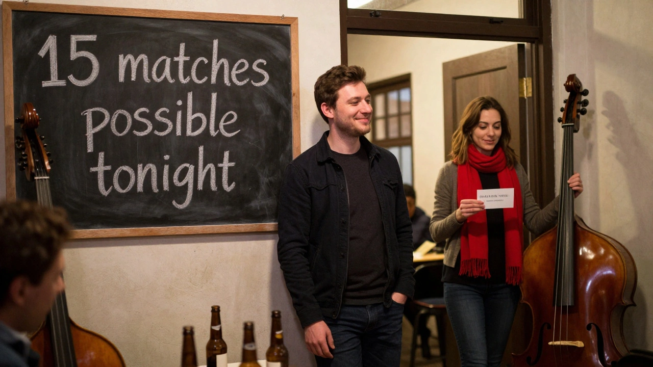 Een man bij een chalkboard met &#039;15 matches&#039; terwijl een vrouw met rode sjaal de ruimte verlaat, sfeer van hoop na speed dating.