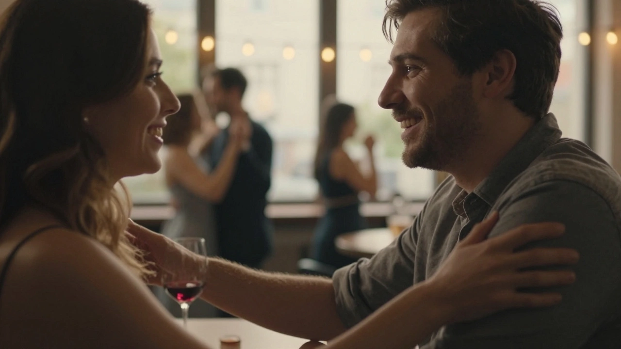 Een man en een vrouw lachen samen, haar hand op zijn arm, in een intieme setting zonder telefoons.