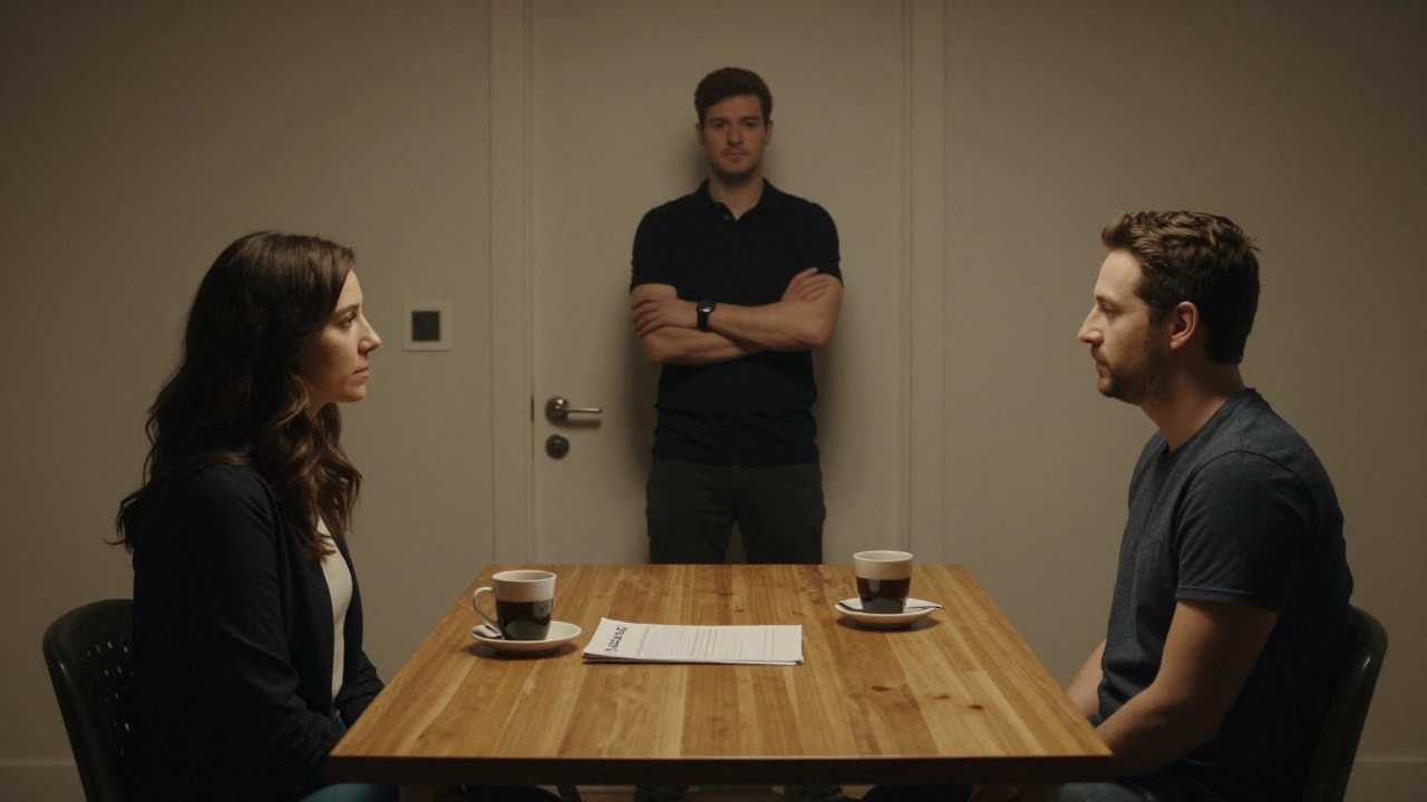 Een man en een vrouw zitten in een privéruimte met een chaperon bij de deur, zonder telefoons, in een serieuze, intieme sfeer.