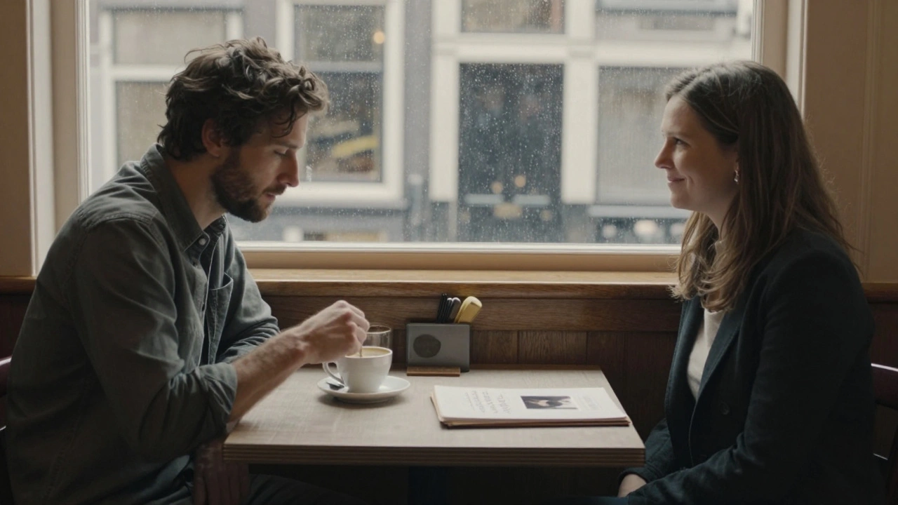 Een man en vrouw in een café, stil, zonder woorden, een dossier tussen hen.