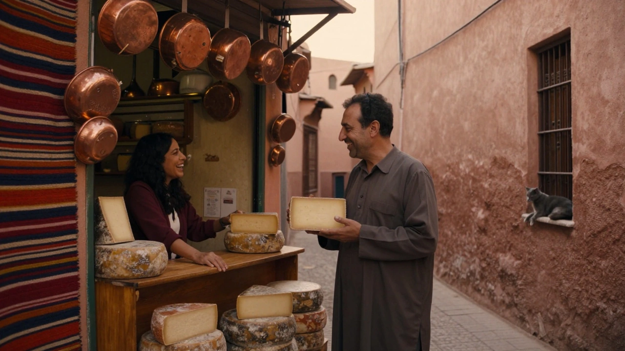 Een man en vrouw lachen in een kaaswinkel in Marrakesh, zonsondergang licht, geen telefoons in zicht.