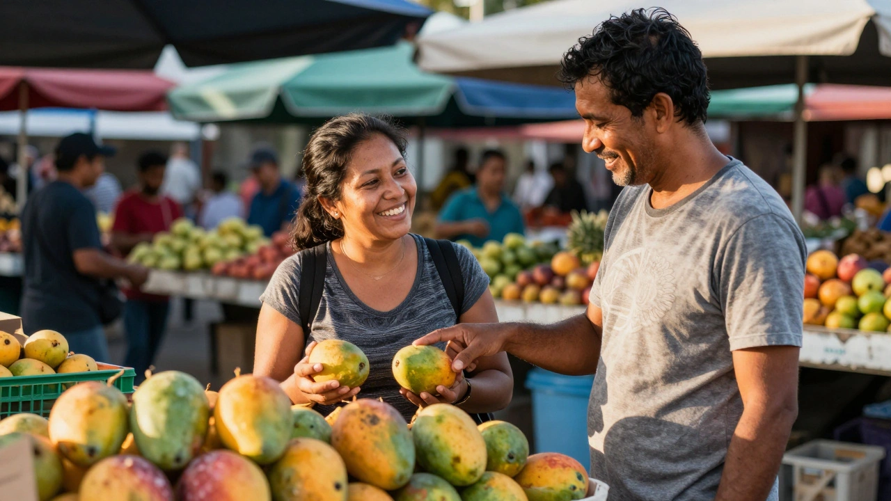 Een man en vrouw lachen samen bij een marktstand met mango’s, zonder telefoons, in natuurlijke interactie.