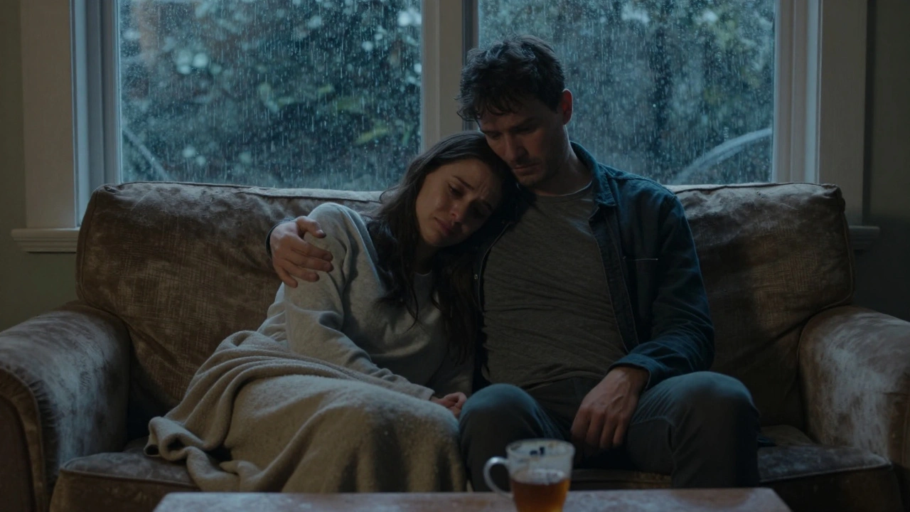 Een man en vrouw op de bank, zij huilend, hij stil naast haar, regen op het raam.