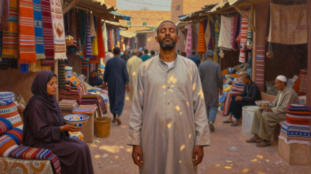 Een man in een Marokkaanse markt, stil en open, terwijl een vrouw hem vanaf afstand bekijkt.