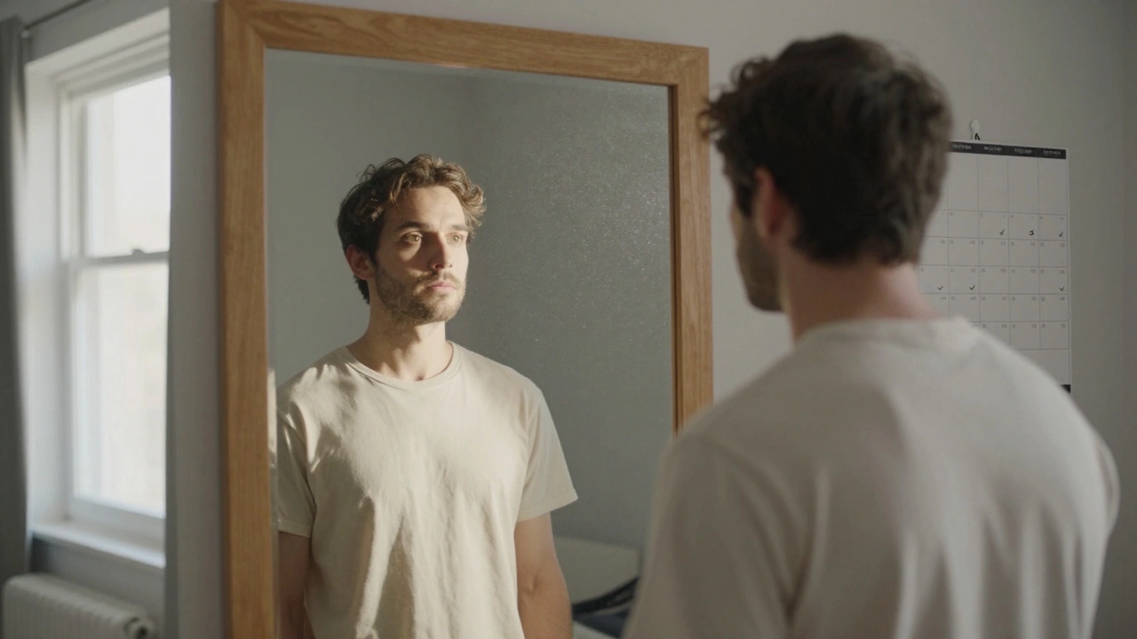 Een man kijkt in de spiegel, focust op zijn ogen, in een rustige ochtendkamer met zonlicht.