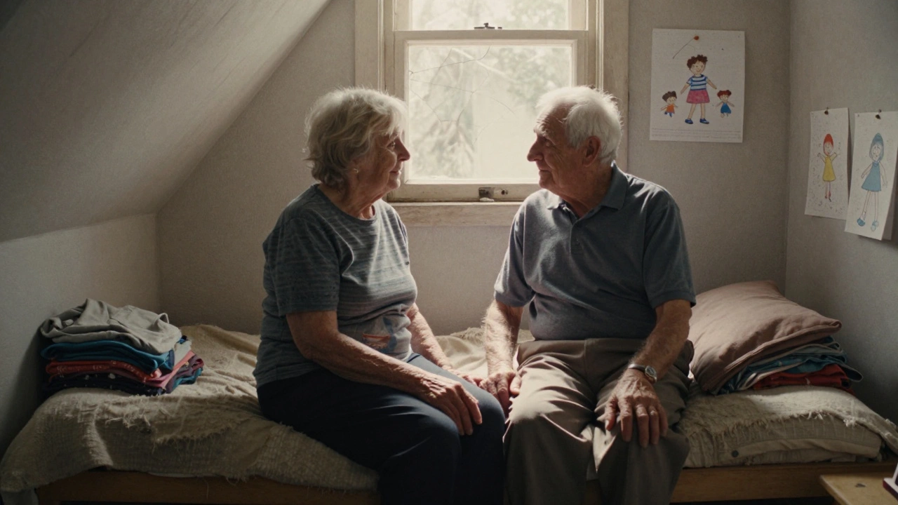 Een oudere koppel zit op een smal bed, hun handen rusten op elkaar in een bescheiden kamer.