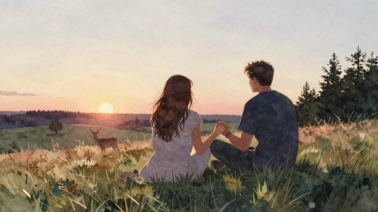 Een paar zit op een heuvel bij schemer, hun vingers verstrengeld, een hert in de verte, de laatste zonnestralen verlichten de lucht.