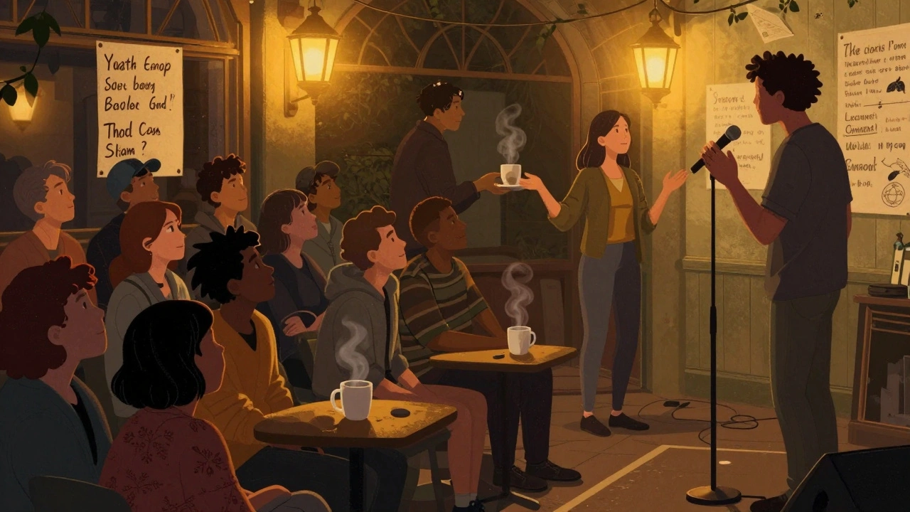 Een poetry slam in Wellington waar een man en vrouw naar elkaar kijken boven hun koffiekopjes.