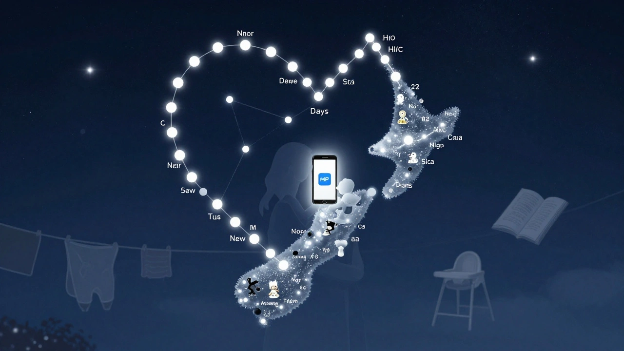 Een sterrenbeeld van single parents verbonden door een app, met kinderitems als symbolen in de nacht.