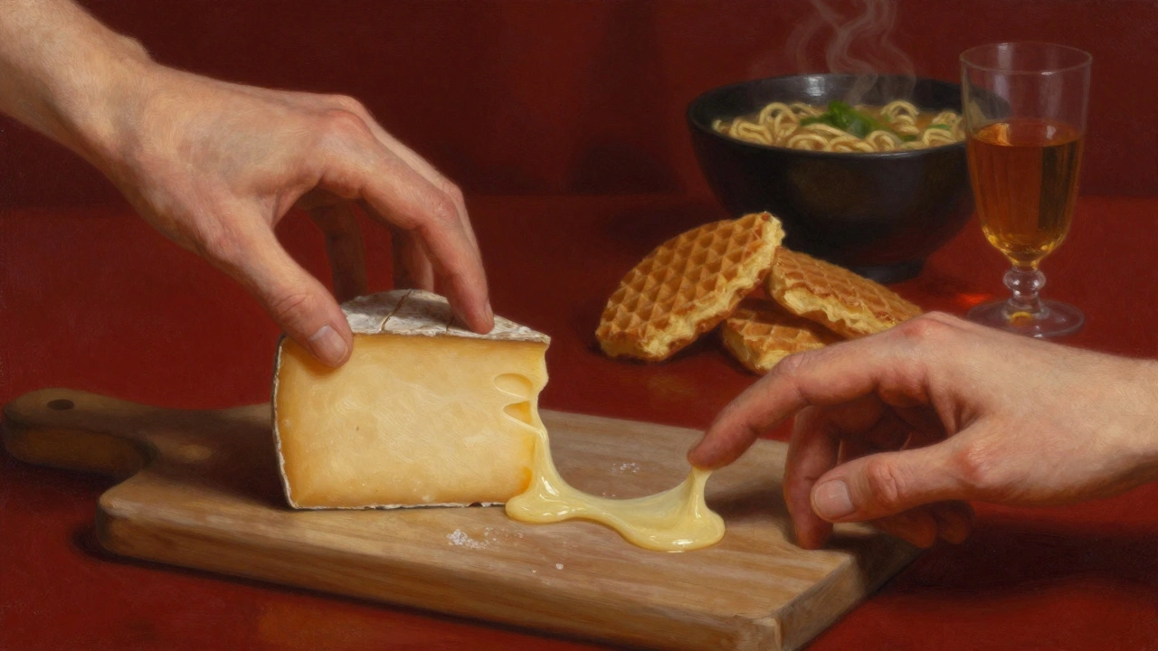 Een stuk kaas wordt aangeboden aan een ander, symbolisch en intiem.