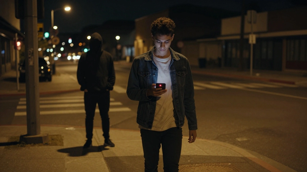 Een trans man loopt weg van een bedreigende figuur, met een timer op zijn telefoon.