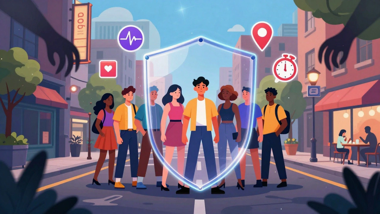 Een transparante beschermingsschild om LGBTQ+-mensen heen, met veiligheidsiconen als symbolen van bescherming.