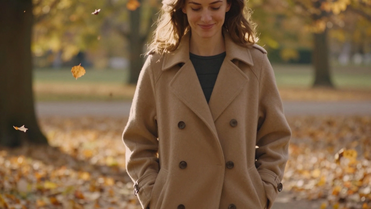 Een vrouw in een herfstpark, vredig en bevrijd, bladeren vallen rond haar.
