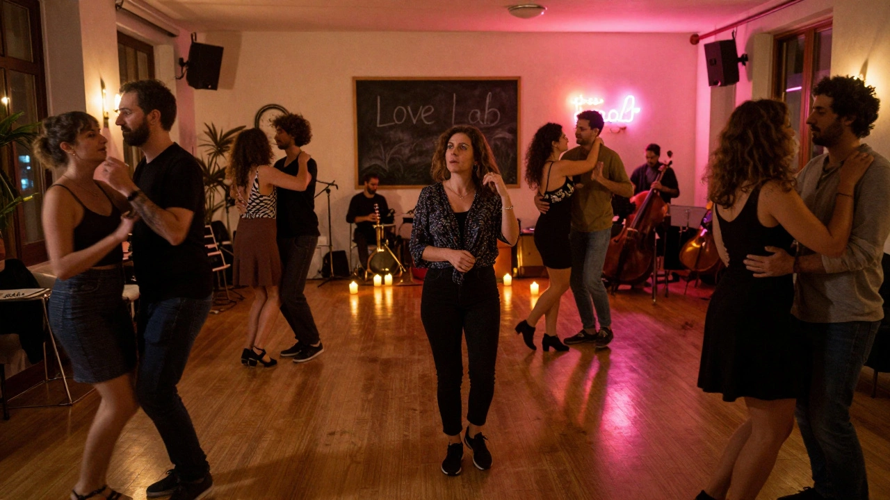 Een vrouw kijkt rond met verwondering in een levendige, kleinere singles event ruimte met jazzmuziek.