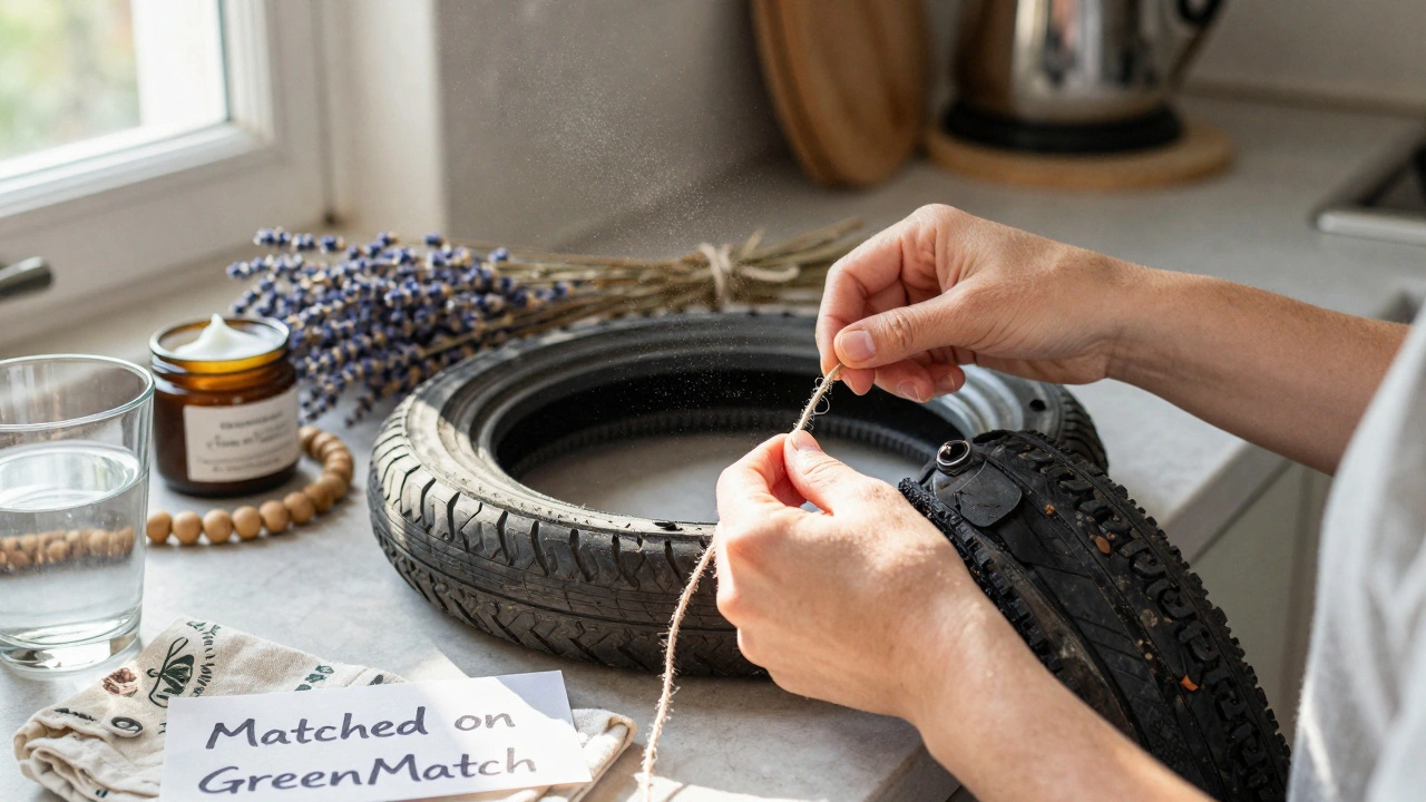 Een vrouw maakt een tas van oude banden, omringd door natuurlijke materialen en zelfgemaakte crème.