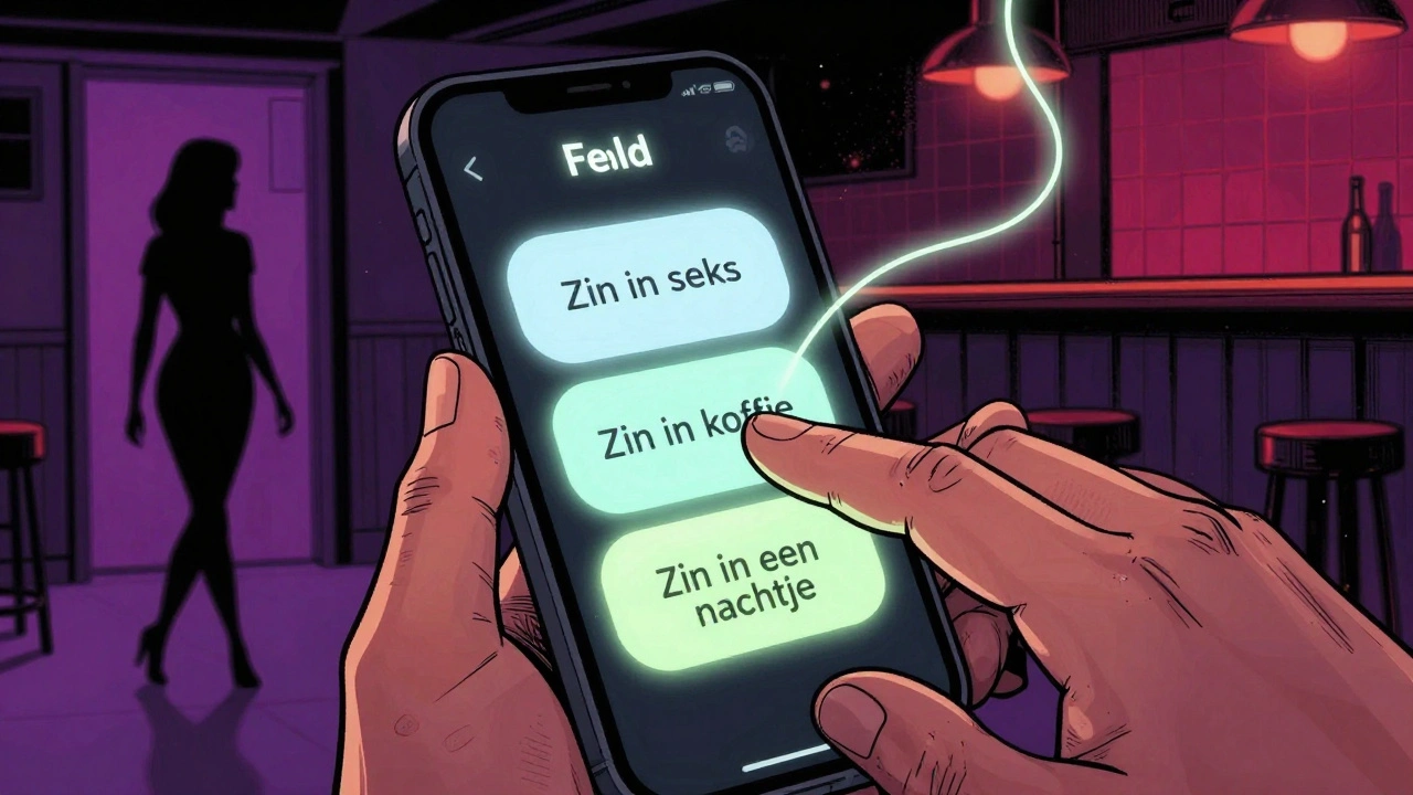 Feeld-appscherm met drie stemmingen: 'Zin in seks', 'Zin in koffie', 'Zin in een nachtje', helder verlicht in het donker.