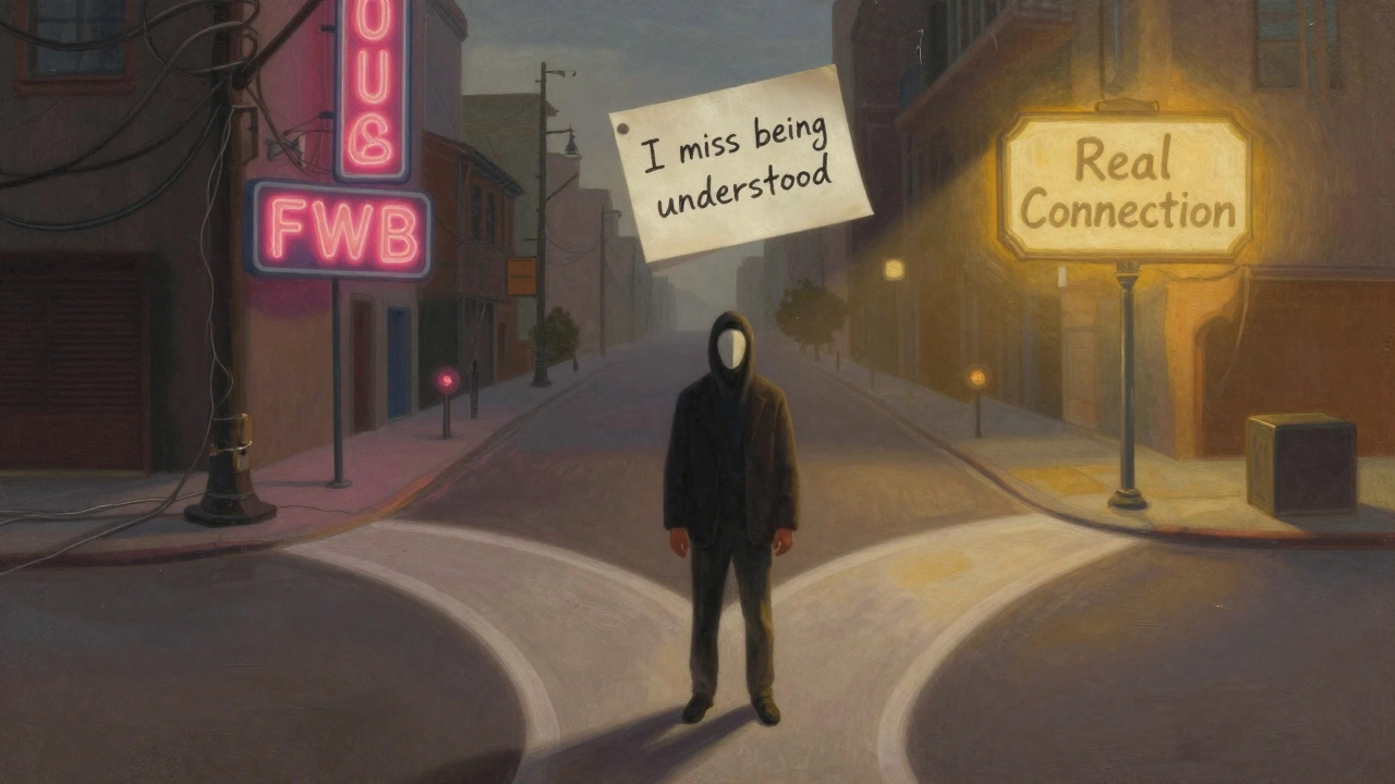 Geschilderde figuur met masker bij een kruispunt met twee wegen: FWB en echte connectie.