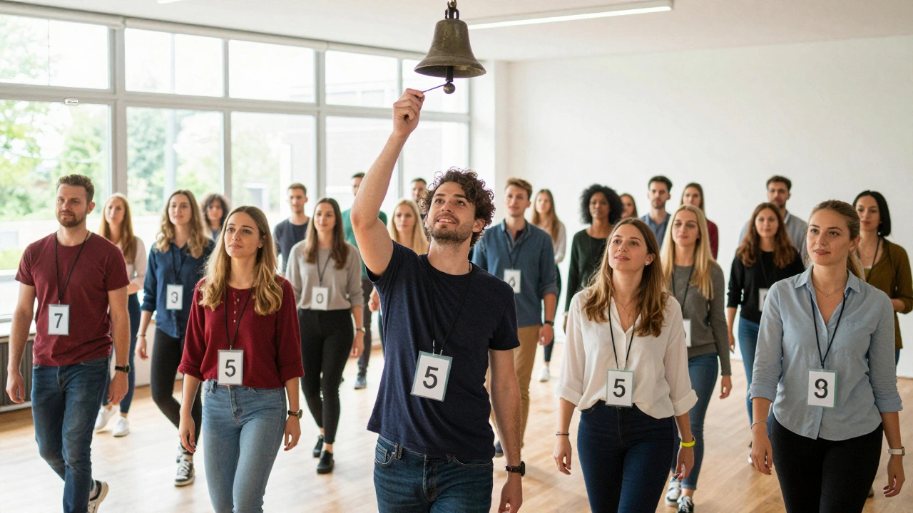 Groep mensen in een lichte zaal, op het punt van wisselen tijdens een speed dating, een vrouw lacht naar een man.