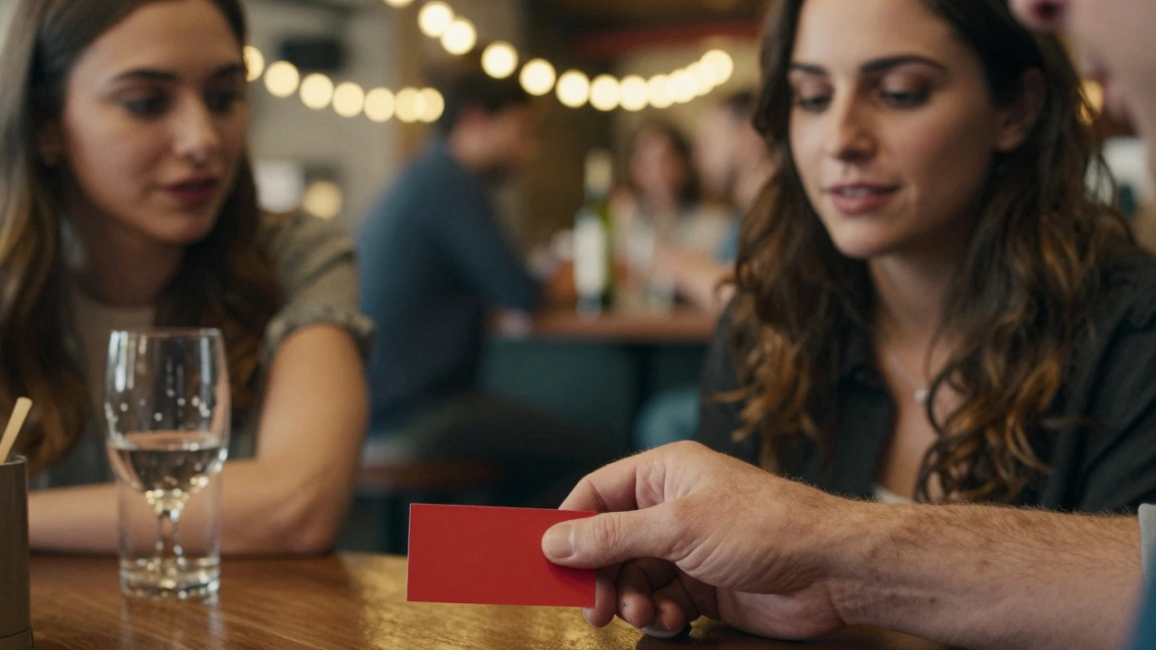 Hand legt een rode kaart op tafel tijdens een speed date, vrouw kijkt er met interesse naar.