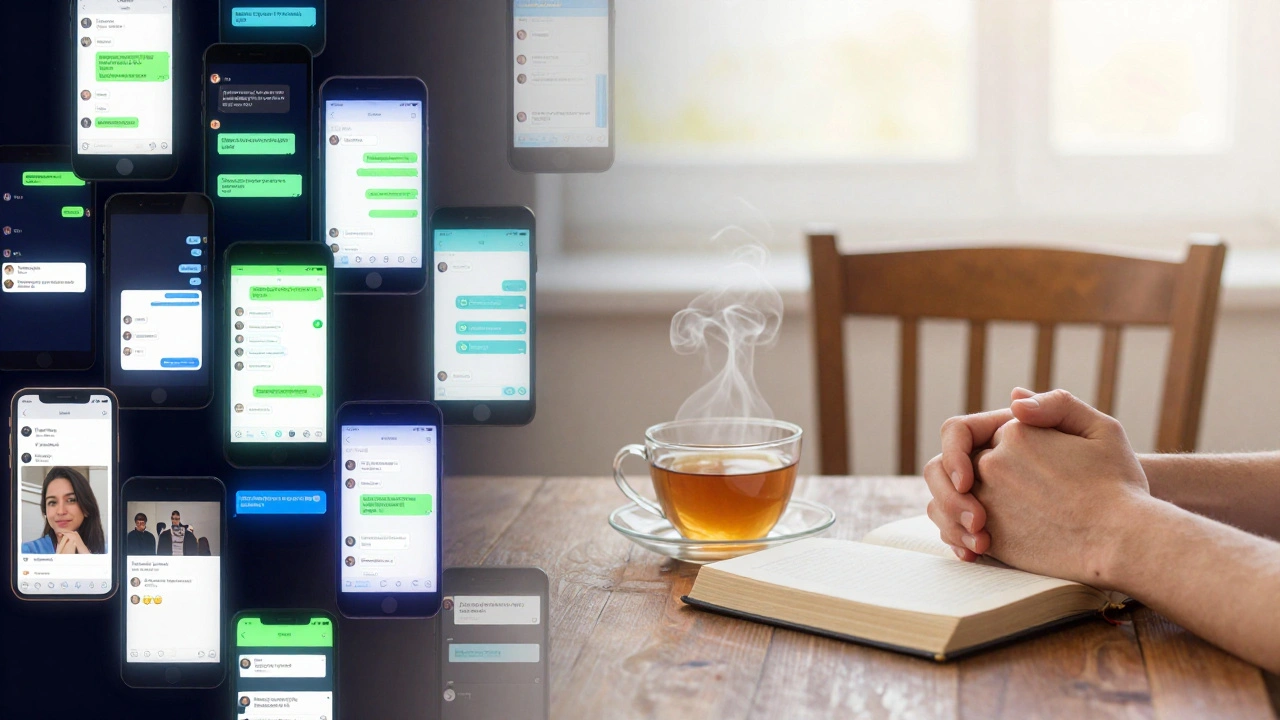 Links: chaotische datingapps. Rechts: rustige stoel met thee en interlockende handen.