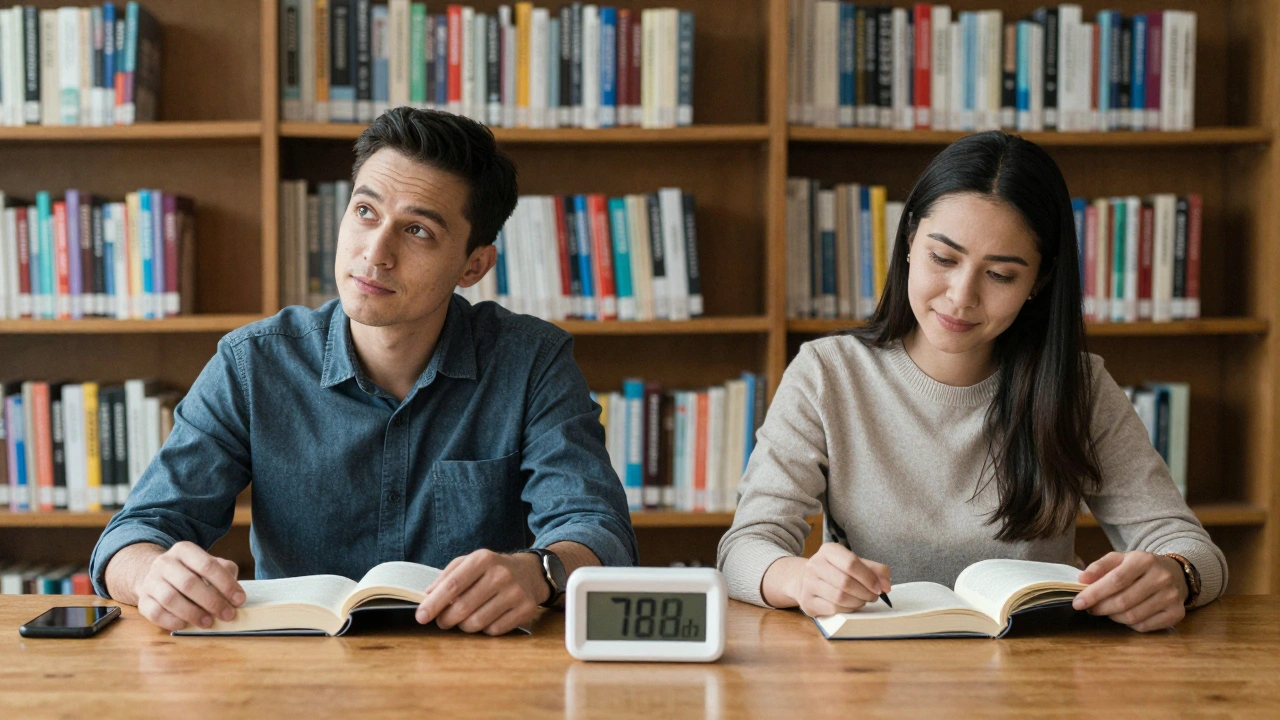 Man en vrouw lezen stil naast elkaar in een bibliotheek, geen telefoons, alleen boeken en rust.