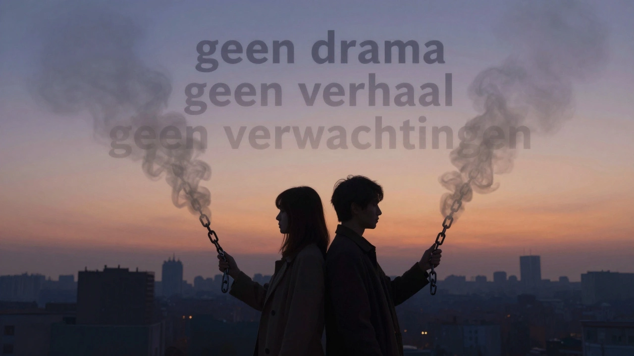 Man en vrouw met oploskettens die veranderen in rook met woorden als 'geen drama', in een vroege ochtendstad.