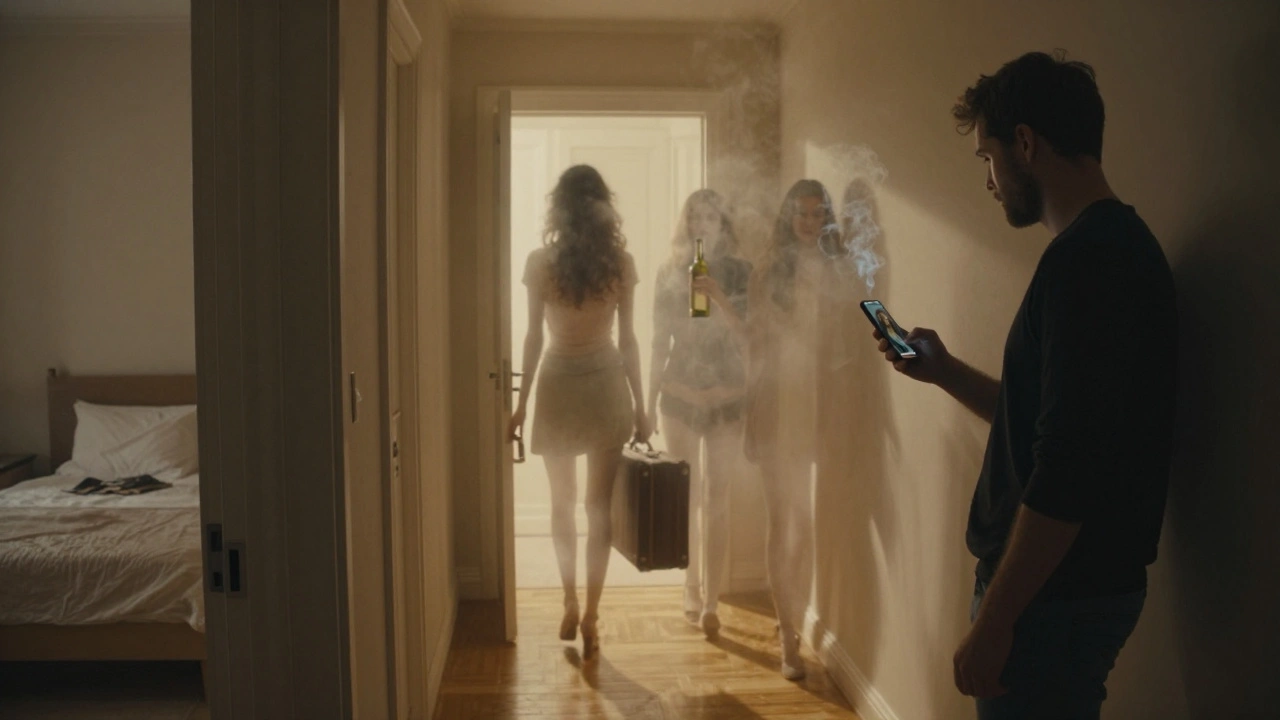 Man holding a photo as silhouettes of women fade away in a dim hallway.