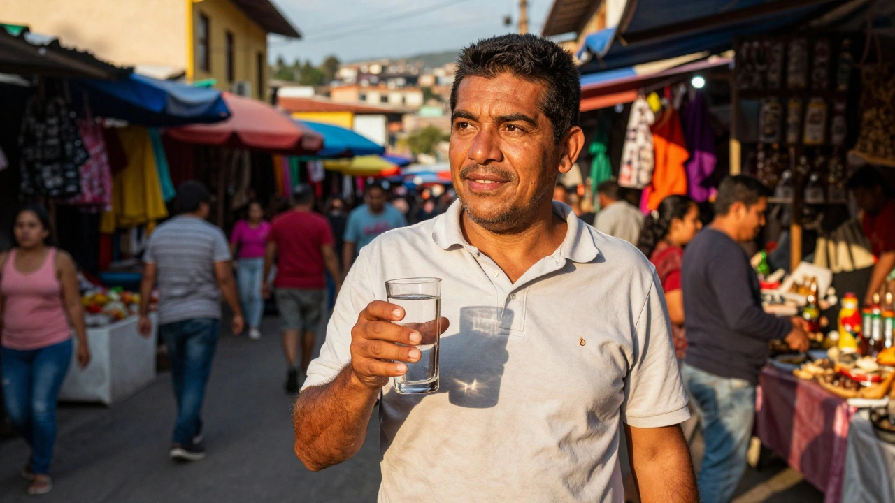 Man in Medellín market holding a glass of aguardiente, colorful stalls and warm sunlight around him.