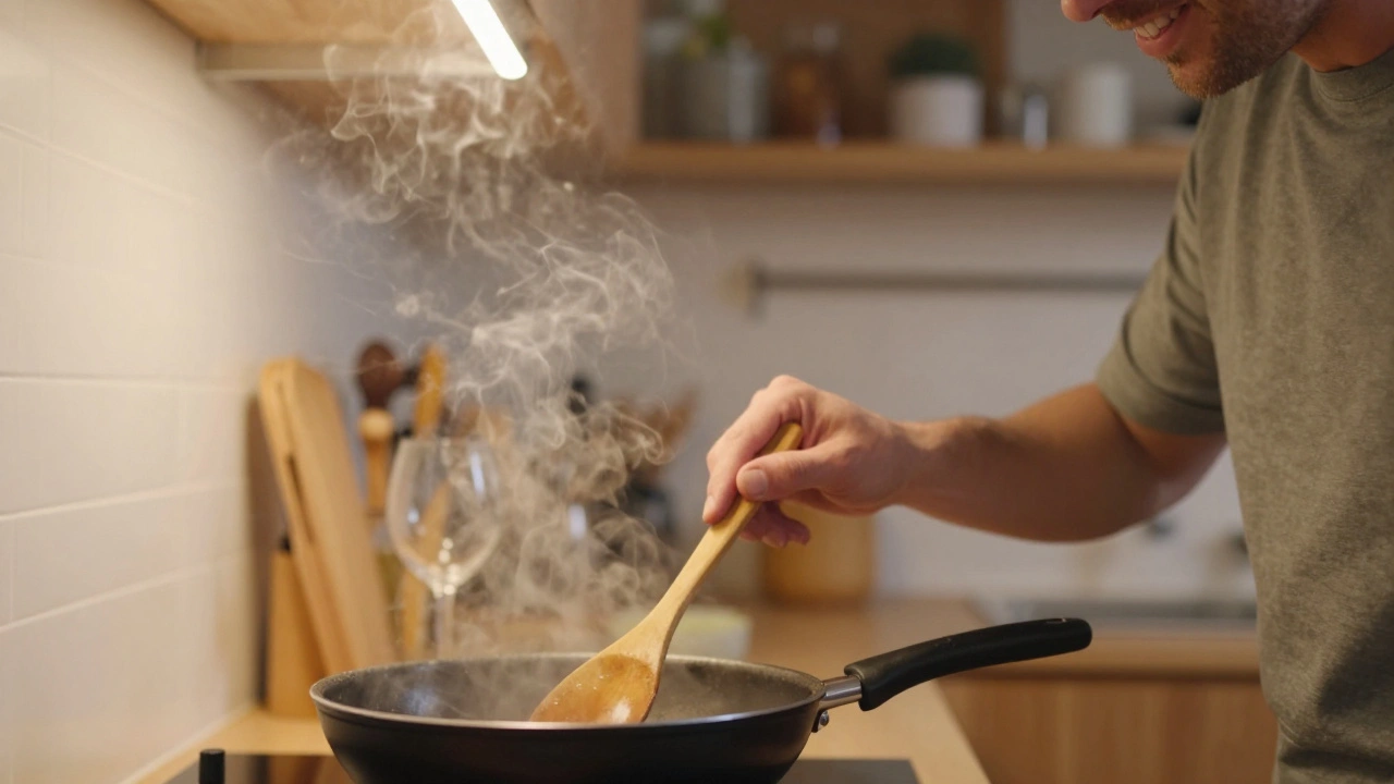 Man kookt in de keuken met rook uit de pan, echte, ongeposeerde sfeer.