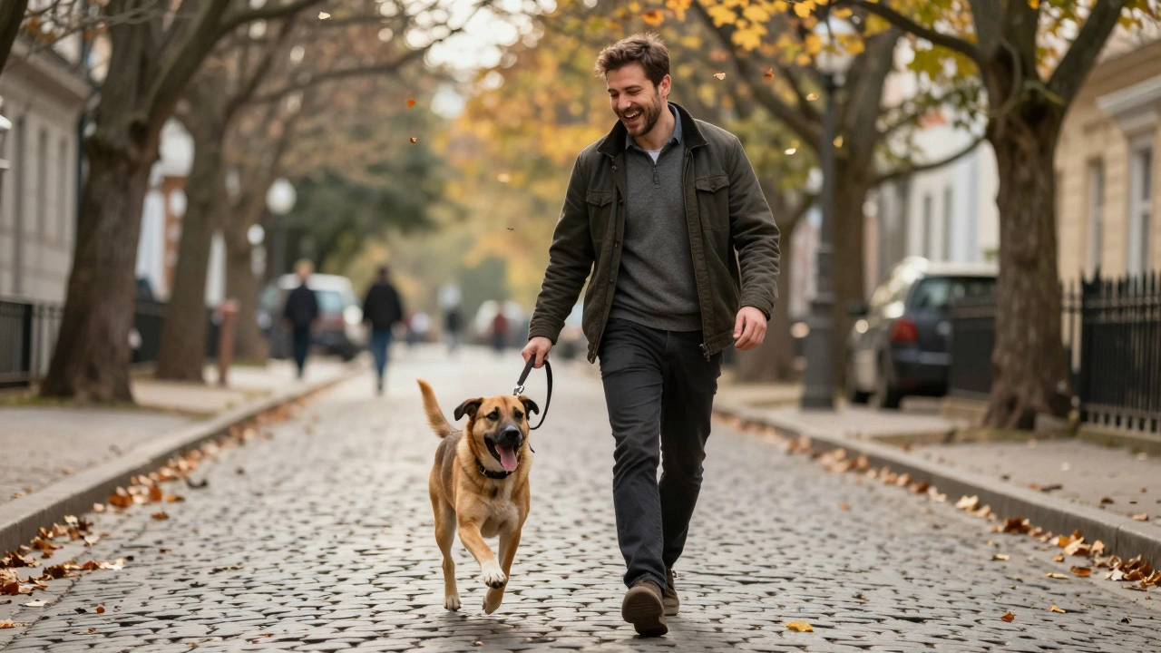 Man loopt met een hond langs een straat, lachend, levendige sfeer, geen filters.