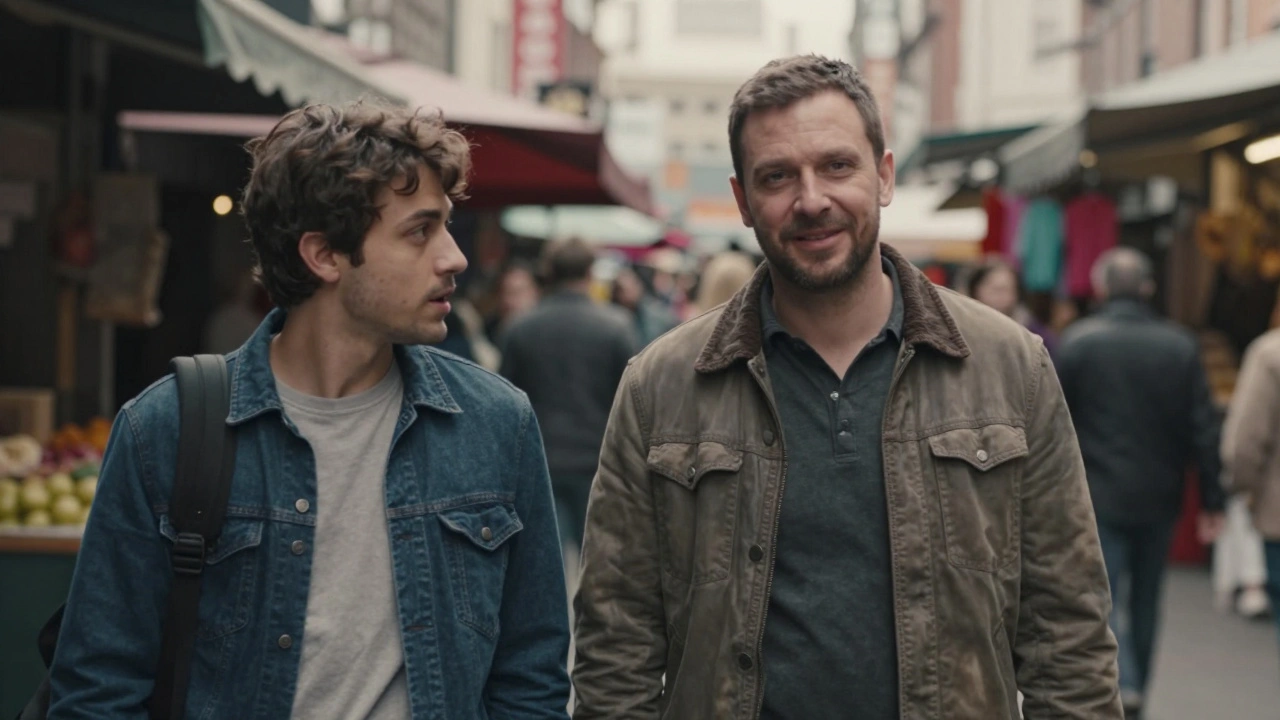 Man loopt op een markt met een vriend, gedragen jas, natuurlijke beweging en verbinding.
