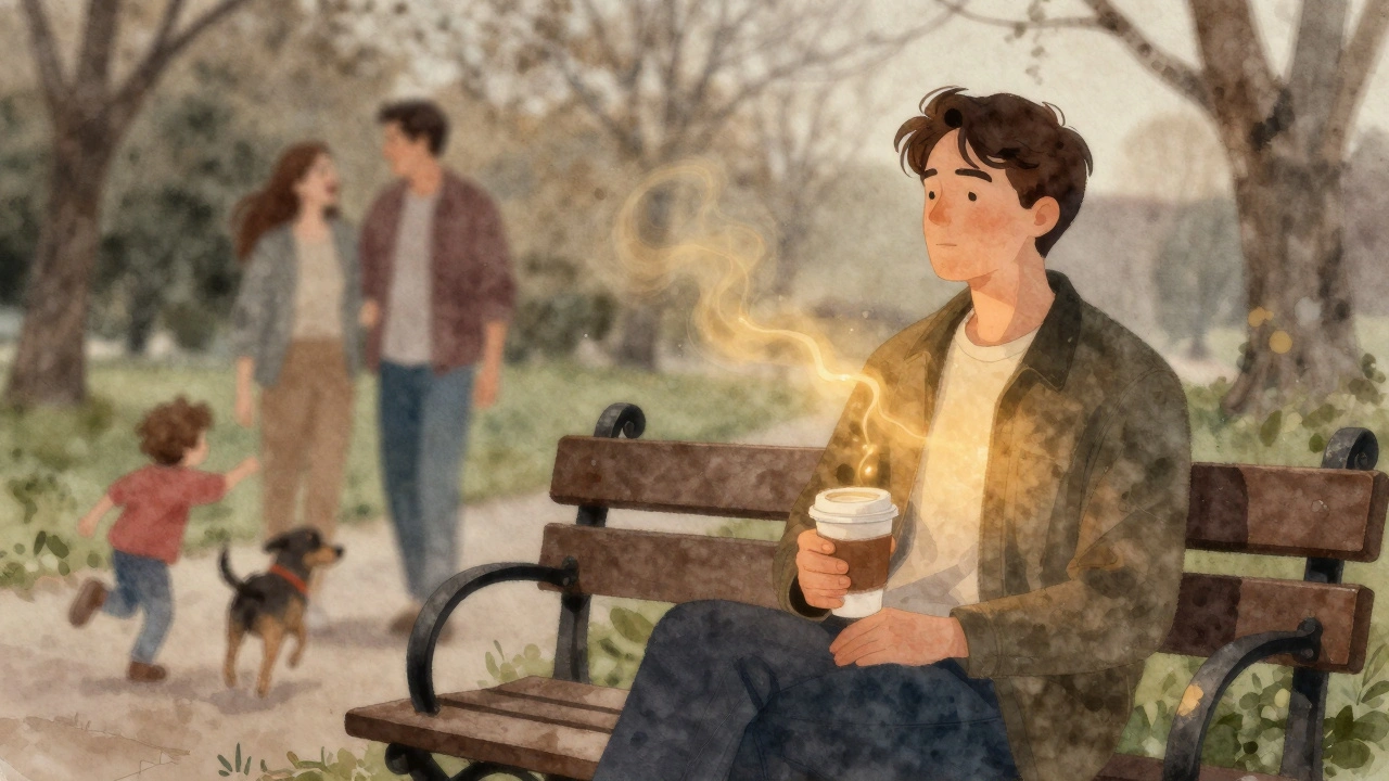 Man on park bench at dusk, golden light rising from him, couple laughing nearby.