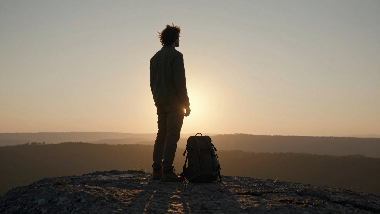 Man op bergtop bij zonsopgang, kijkend naar de horizon, rugzak aan de grond, rustige sfeer.