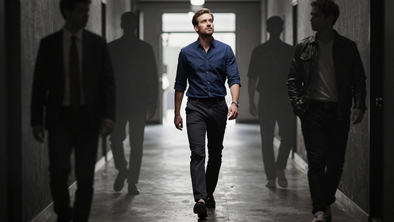 Man walking confidently through a speed dating hallway, minimalist attire, others blurred in background.