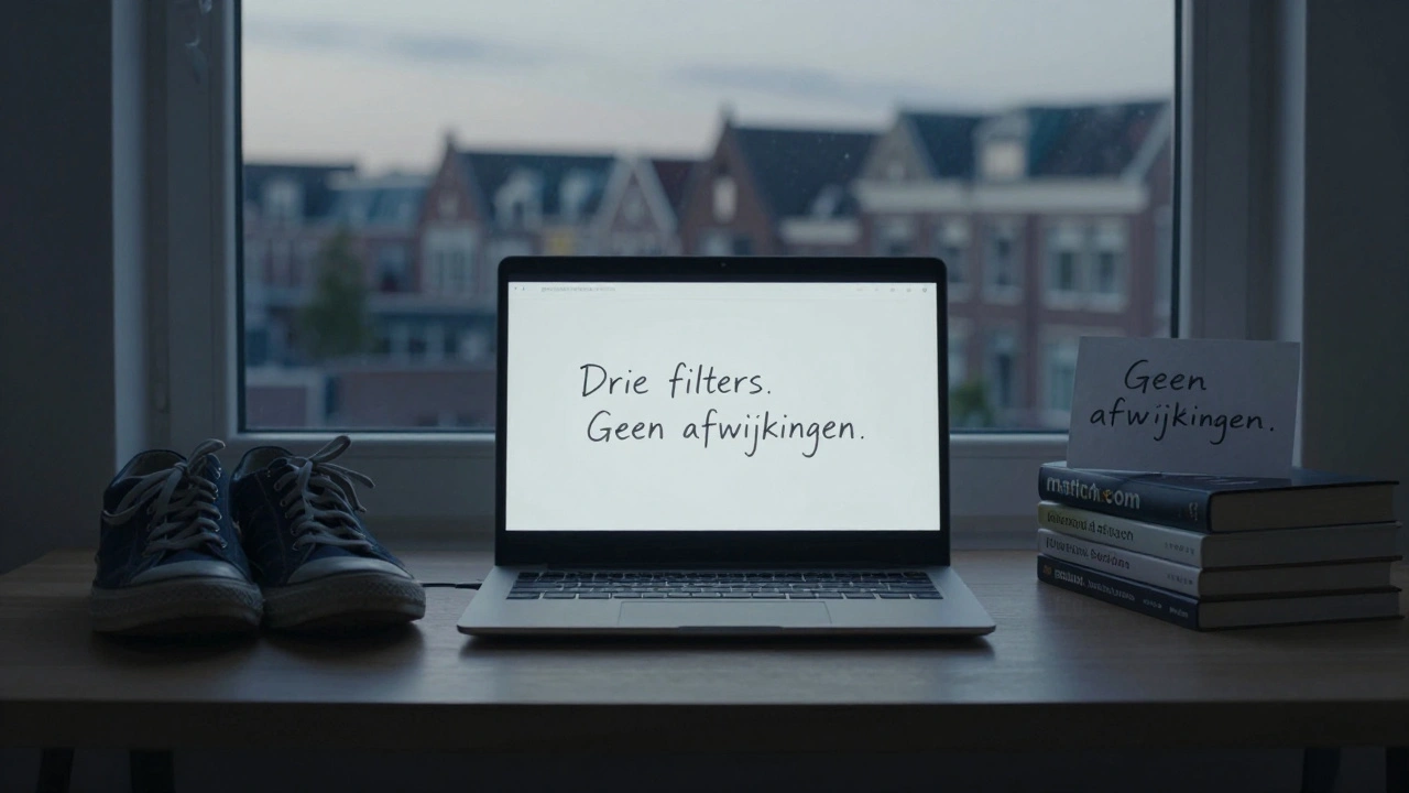 Match.com-scherm naast boeken en een handgeschreven notitie over duidelijke filters in dating.