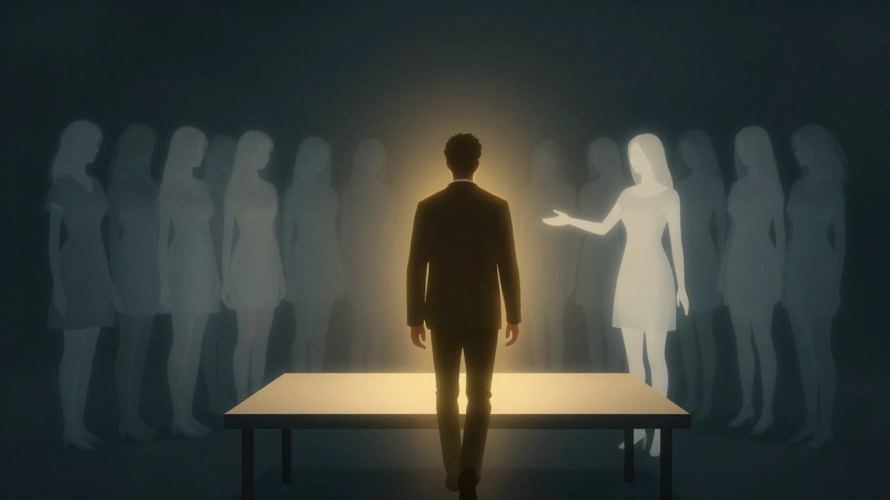 Silhouet van een man die wegloopt van speed dating, één vrouw blijft zichtbaar als echte connectie.