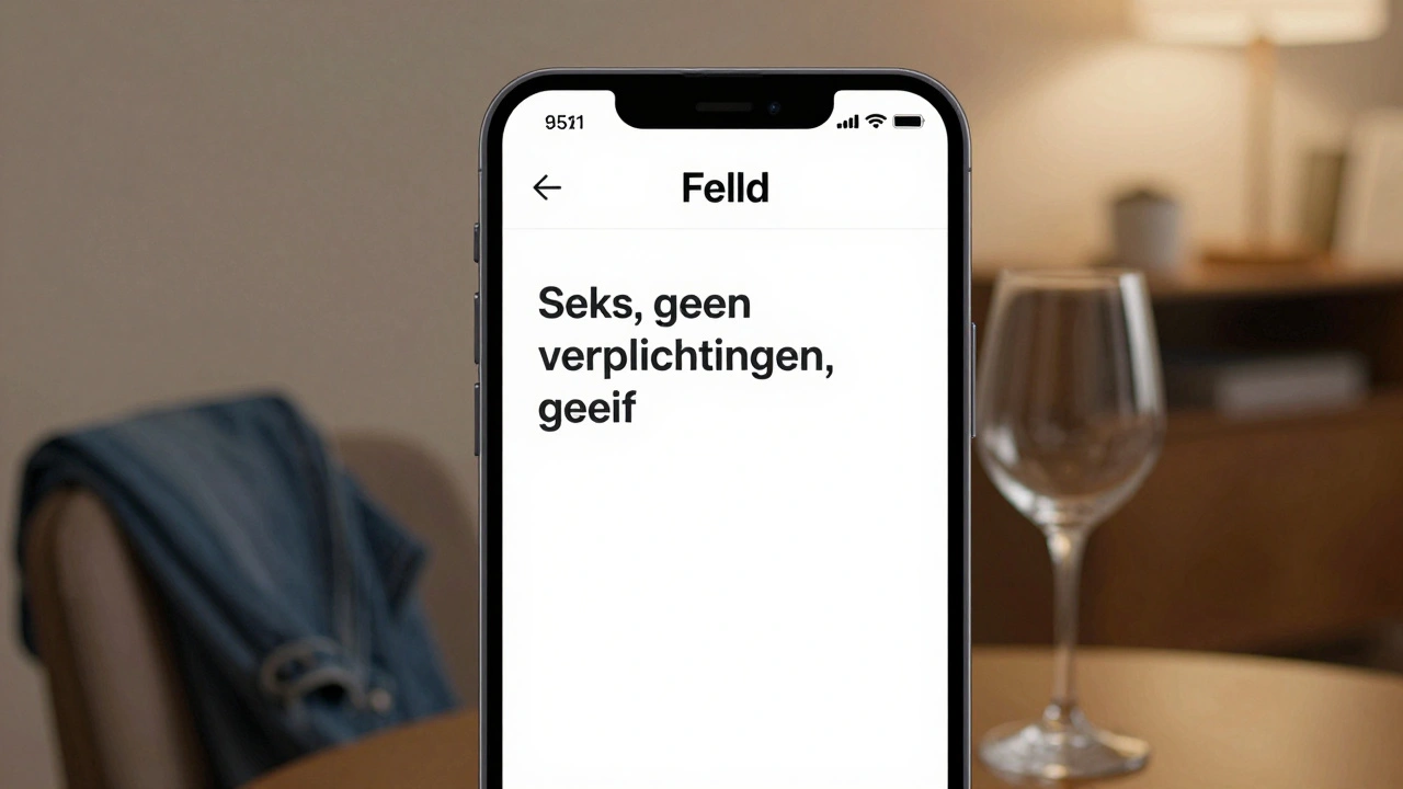 Smartphone met Feeld-app profiel: &#039;Seks, geen verplichtingen, geheim&#039;, wijnglas en spijkerbroek op de achtergrond.