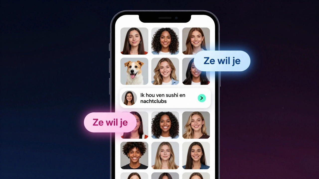 Smartphone screen showing Tinder profiles with a dog photo and sushi bio highlighted.