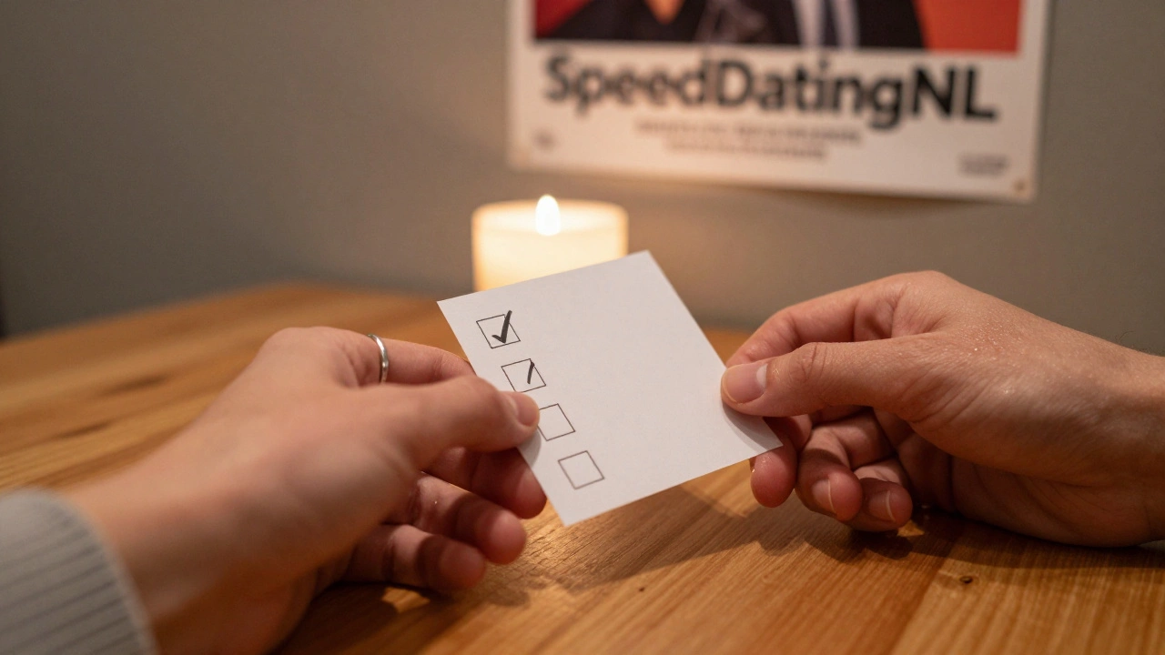 Twee handen die een keuzekaartje invullen met aankruisingen, verlicht door kaarslicht in een gezellige café.