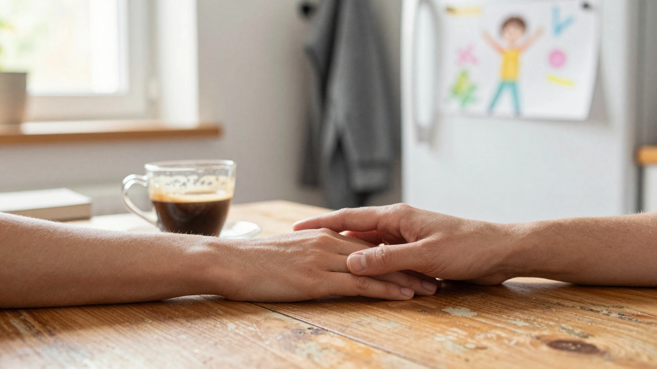 Twee handen die zachtjes elkaar raken op een houten tafel, met een kop koffie er naast, in een zonnige keuken.