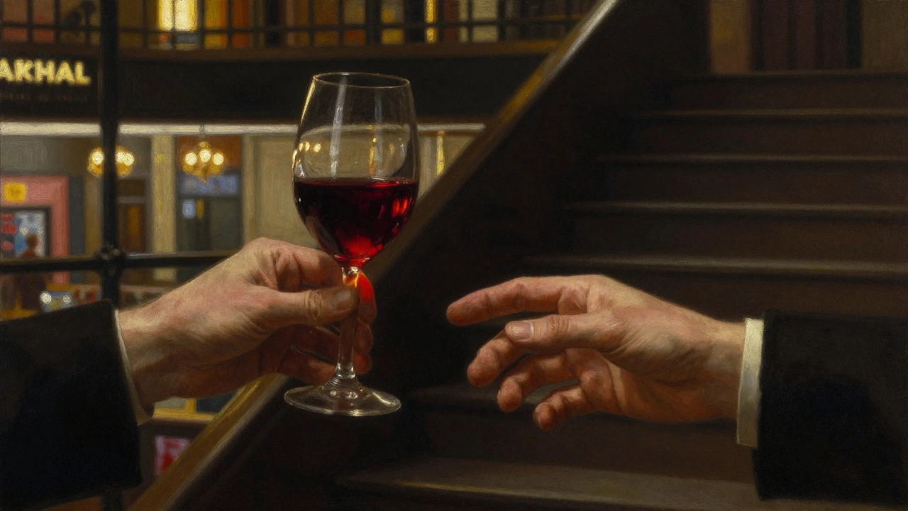 Twee handen naderen elkaar bij een glas wijn, achter een vaag verlichte markthal.