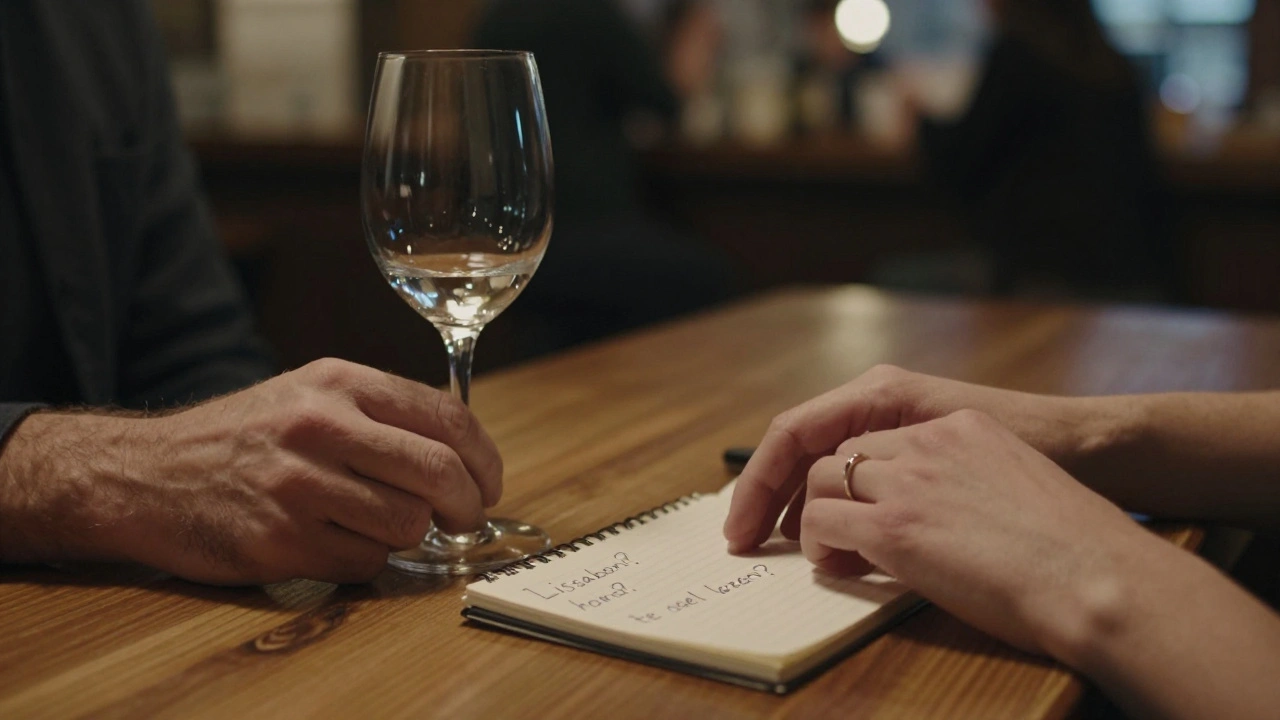 Twee handen op een houten tafel bij speed dating, met een wineglas en gekrabbelde notities.