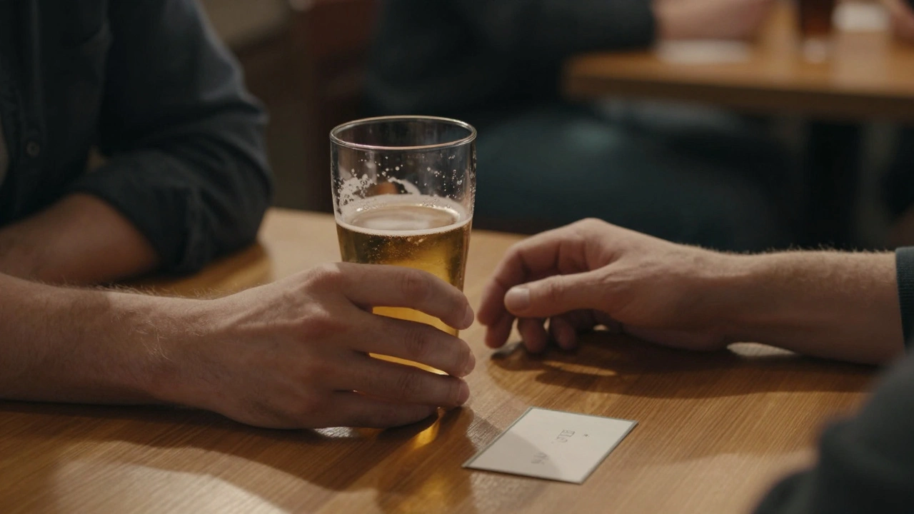 Twee handen op een houten tafel met een bierglas en een naamkaartje tijdens een speed dating-evenement.