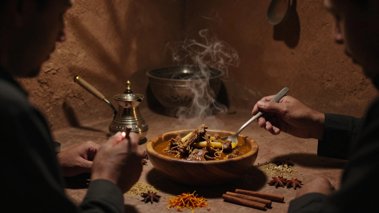 Twee mensen eten stilletjes lamsvlees uit een houten kom in een Marokkaanse keuken, kruiden en kaarslicht creëren een intieme sfeer.
